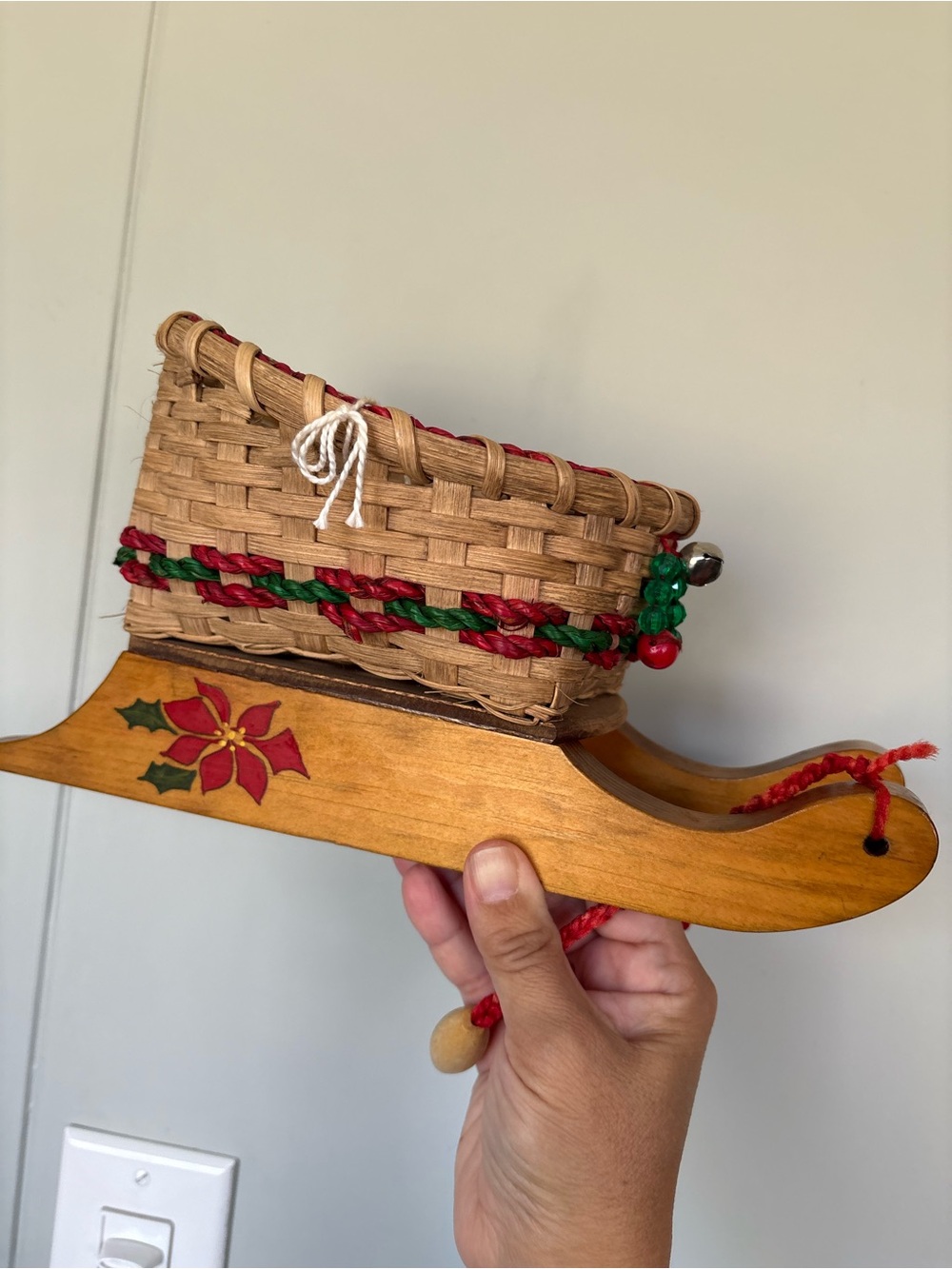 Handwoven Holiday Basket Sleigh - Natural with Red & Green Accents